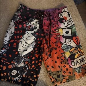 Vintage Y2K Ed Hardy Multicolor Graphic Swim Trunks